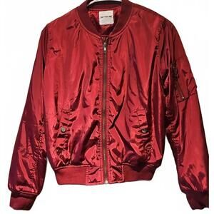 Better Be Bomber Jacket Cranberry Mandarin Collar Zipper Ruched Lined S NWOT